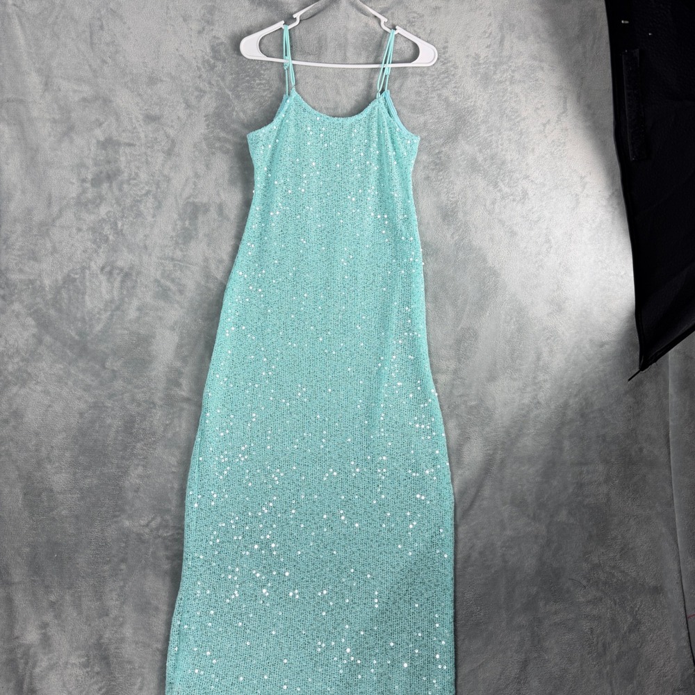Musera Womens Teal Blue Sequin Maxi Dress Knit Spaghetti Strap Y2K Mermaidcore